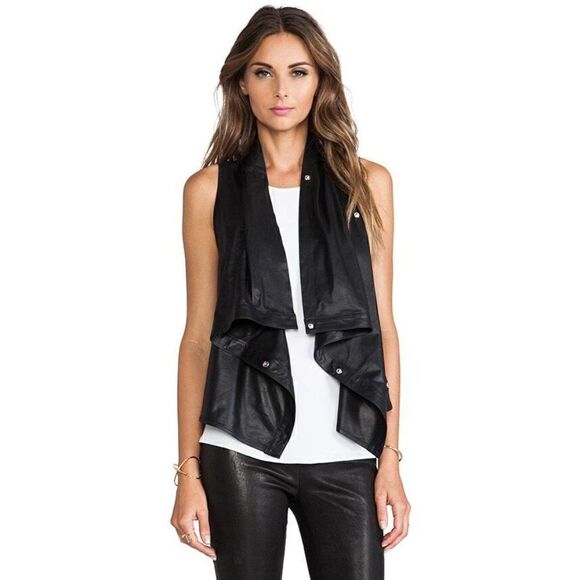 Lamarque Sarai Black Genuine Leather Waterfall Front Moto Vest - Picture 1 of 10